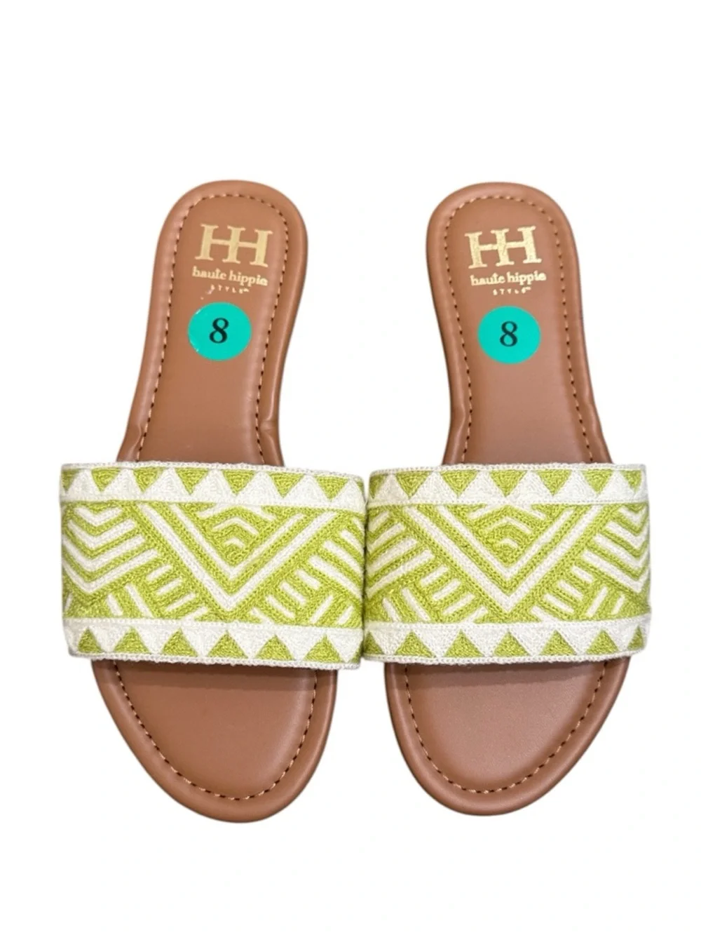 Haute Hippie Slides Sandals Women’s Size 8 Green Embroidered Boho Flat Slip On